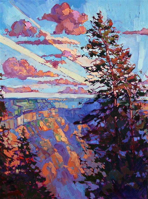 The grand canyon is so wide, so magnificent, that it takes an eighteen foot painting to begin to capture it. The painting communicates the crisp clear air of a November sunset on the northern rim. The colors are vivid and alive, the brush strokes full of texture and motion.