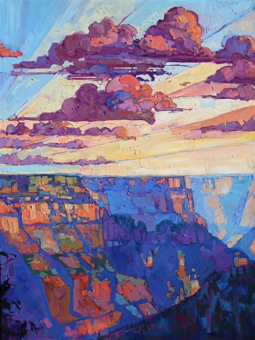 The grand canyon is so wide, so magnificent, that it takes an eighteen foot painting to begin to capture it. The painting communicates the crisp clear air of a November sunset on the northern rim. The colors are vivid and alive, the brush strokes full of texture and motion.