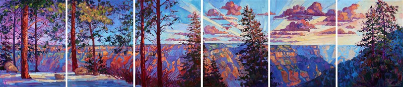 The grand canyon is so wide, so magnificent, that it takes an eighteen foot painting to begin to capture it. The painting communicates the crisp clear air of a November sunset on the northern rim. The colors are vivid and alive, the brush strokes full of texture and motion.