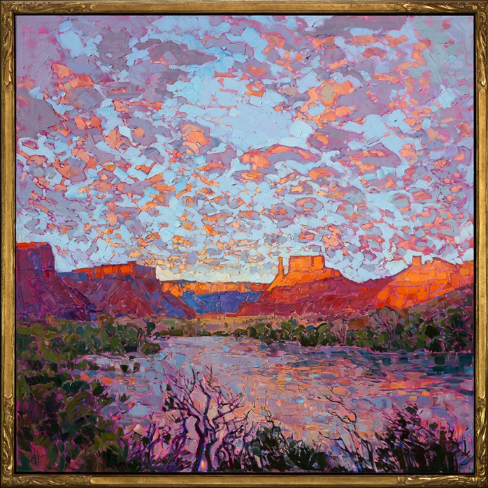 Following the Colorado River north of Moab and Arches National Park, early one morning in January, I discovered this beautiful vista of ragged buttes and red rock plateaus that caught the brilliant orange of a winter sunrise.  The Colorado River was wide and smooth, reflecting all the ambient color. This painting captures the joyful beauty that I love to paint, that which brings me back to Utah time and time again to find a new subject to capture.</p><p>This painting has been framed in hand-carved, gold leaf floater frame. </p><p>Exhibited <a href="https://www.erinhanson.com/Event/ErinHansonTheOrangeShow"><i>The Orange Show</i></a>, The Erin Hanson Gallery, Los Angeles, CA. 2016.</p><p>This painting is available from The Medicine Man Gallery, in Tuscon.  You can visit their <a href="http://www.medicinemangallery.com/collection/Contemporary/c/Hanson,-Erin" target="_blank"> website here.</a>