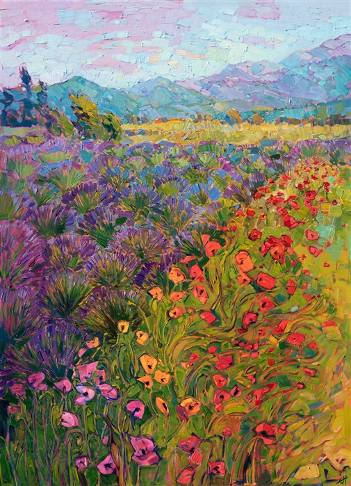 Sequim, Washington, is awash in color in the summer, when the lavender fields are in bloom and the air is warm and scented.  I captured this image of multi-colored poppies while I was visiting Sequim to explore the lavender fields.  I loved how bright the poppies looked against the dark purple and blue of the lavender.</p><p>This painting was done on 1-1/2" canvas, with the painting continued around the edges.  The painting will be framed and arrives ready to hang.<br/>