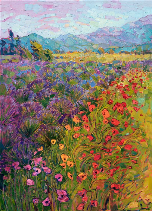 Sequim, Washington, is awash in color in the summer, when the lavender fields are in bloom and the air is warm and scented.  I captured this image of multi-colored poppies while I was visiting Sequim to explore the lavender fields.  I loved how bright the poppies looked against the dark purple and blue of the lavender.

This painting was done on 1-1/2" canvas, with the painting continued around the edges.  The painting will be framed and arrives ready to hang.
