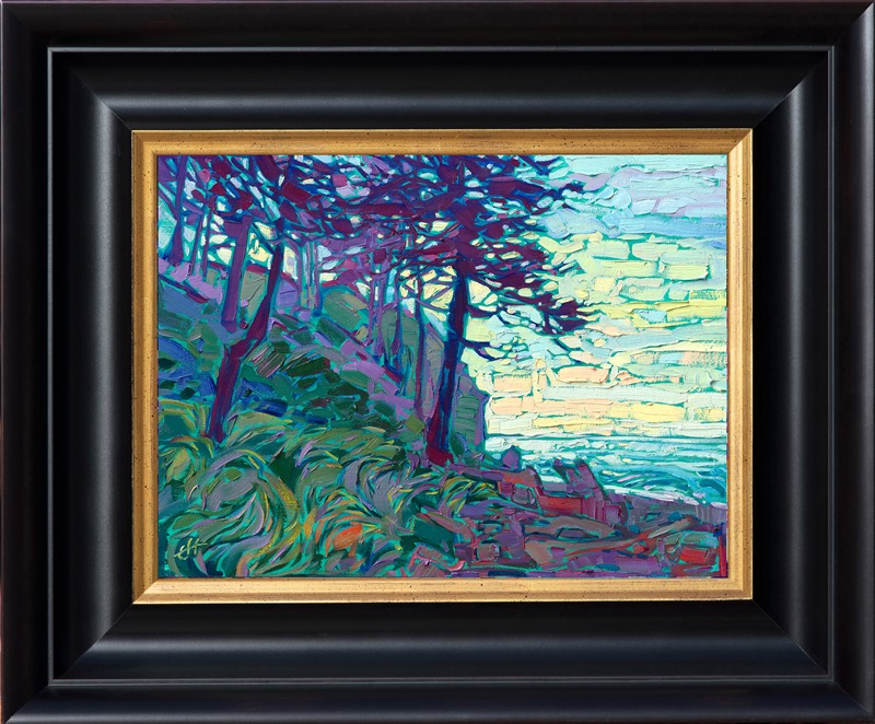 Delicate branches of coastal pine trees form abstract patterns along the sandy cliffs of this northwestern coast. The early morning light peeks between the branches and glitters down on the ocean below.</p><p>"Northern Coast" is an original oil painting on linen board. The piece arrives framed in a plein air frame, ready to hang.