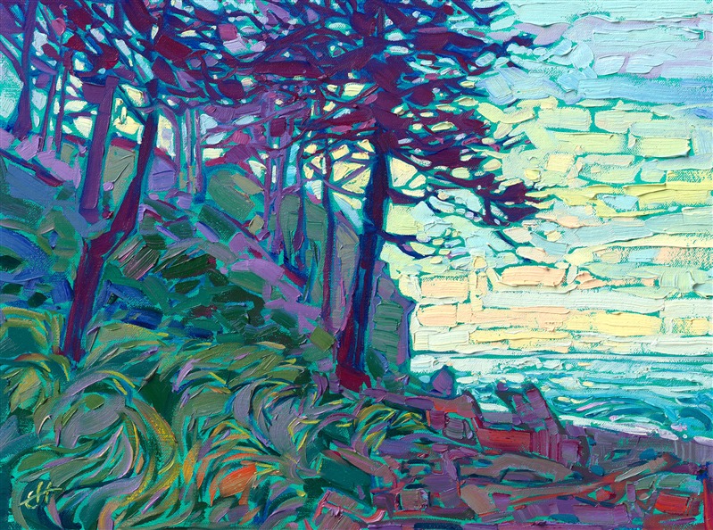 Delicate branches of coastal pine trees form abstract patterns along the sandy cliffs of this northwestern coast. The early morning light peeks between the branches and glitters down on the ocean below.</p><p>"Northern Coast" is an original oil painting on linen board. The piece arrives framed in a plein air frame, ready to hang.