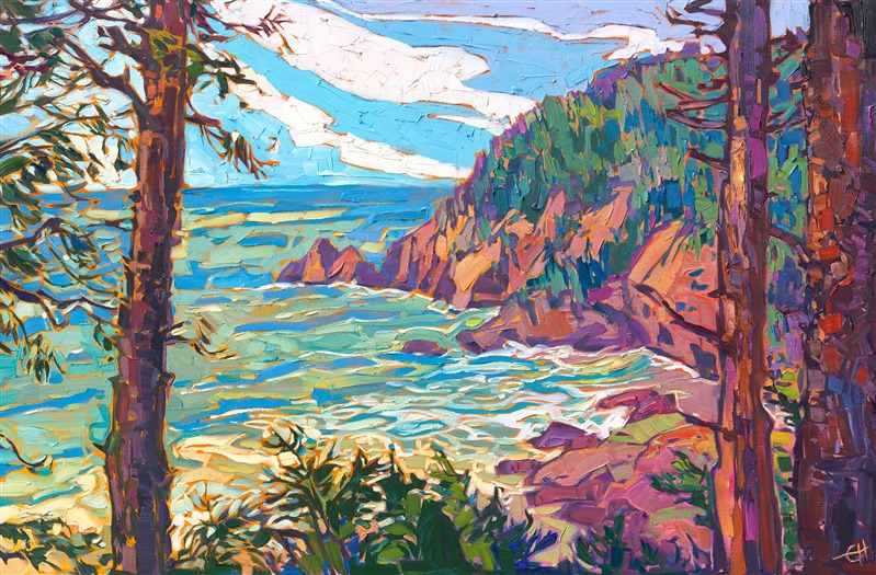 Ecola State Park overlooks the rocky northern coastline near Cannon Beach, Oregon. The warm hues of the rocky cliffs are set off by the rich tones of the evergreen forest growing along the high ridge. Distant swirls of turquoise waves beat a peaceful rhythm against the coastal rocks below.

"Northern Coastline" is an original oil painting created in Erin Hanson's signature Open Impressionism style. The brush strokes are loose and impressionistic, creating a mosaic of color and texture across the canvas. The piece arrives framed in a gold floater frame, ready to hang.