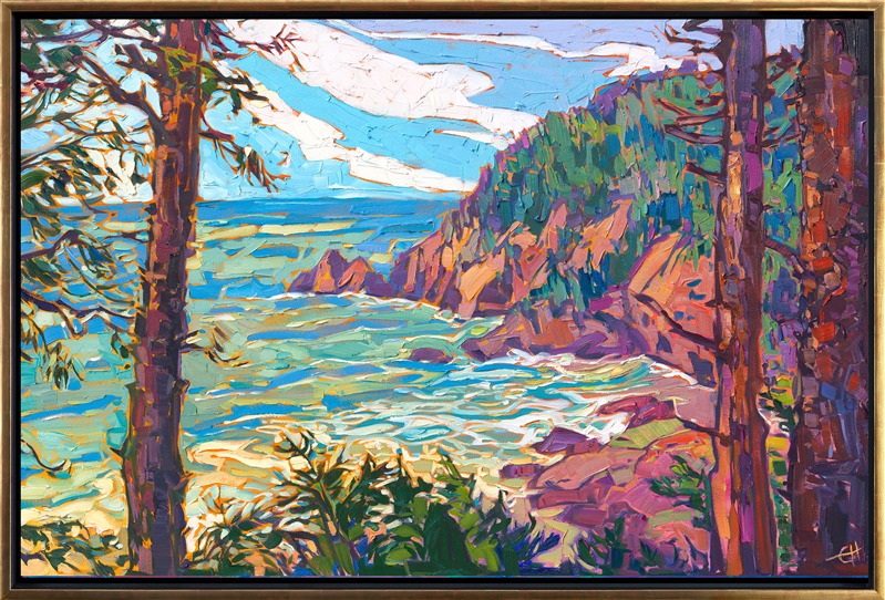 Ecola State Park overlooks the rocky northern coastline near Cannon Beach, Oregon. The warm hues of the rocky cliffs are set off by the rich tones of the evergreen forest growing along the high ridge. Distant swirls of turquoise waves beat a peaceful rhythm against the coastal rocks below.</p><p>"Northern Coastline" is an original oil painting created in Erin Hanson's signature Open Impressionism style. The brush strokes are loose and impressionistic, creating a mosaic of color and texture across the canvas. The piece arrives framed in a gold floater frame, ready to hang.