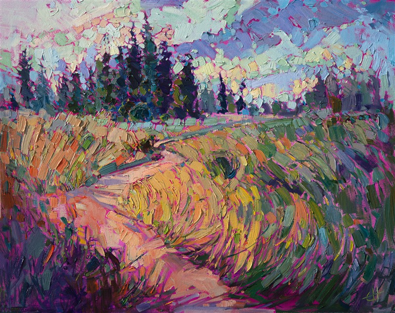The dusky golden grasses of central Oregon turn rainbow hues in the early morning light.  The summer fields form a beautiful array of color and changing patterns across the earth. The thick brush strokes capture the liveliness and motion of the scenery.</p><p>This painting was created on 3/4"-deep canvas. It has been framed in a beautiful plein air frame and arrives wired and ready to hang.