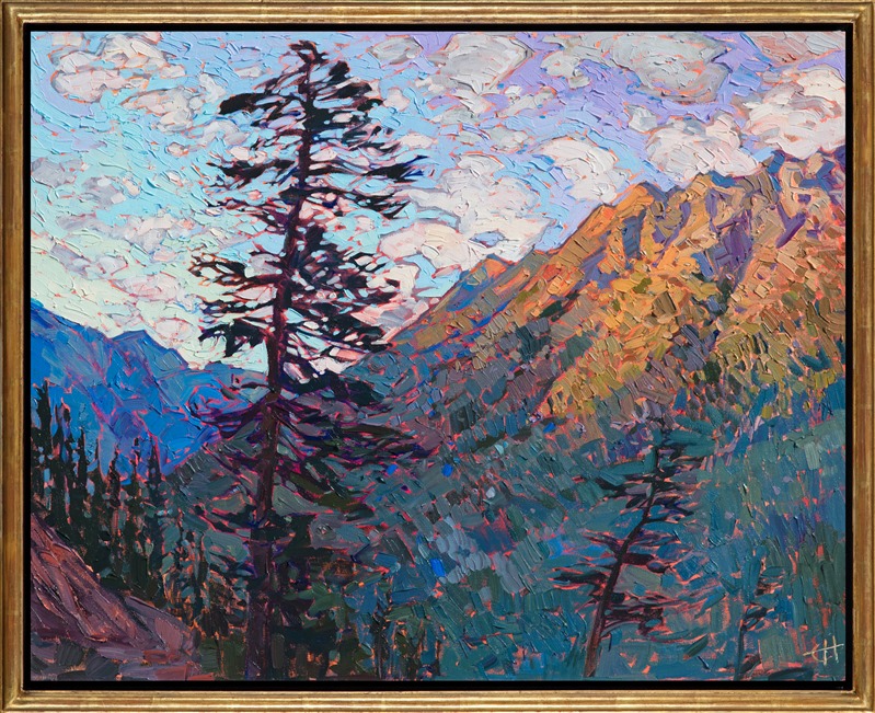 The last rays of the setting sun illuminate the mountain peaks in one of northern Washington's National Forests. Layers of tall pine trees cover the landscape in every direction, each tree with a distinct personality and shape. The brush strokes in this painting are loose and impressionistic, creating a lively mosaic of color and texture across the canvas.</p><p>This painting was done on 1-1/2" canvas, with the painting continued around the edges of the canvas, and it has been framed in a custom gold-leaf floater frame. The painting arrives ready to hang.