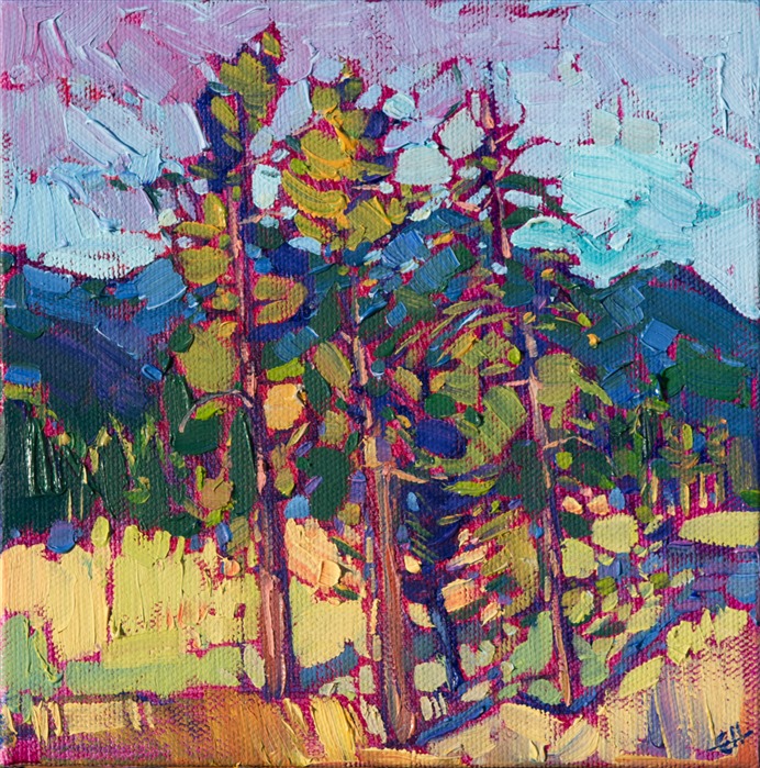 This petite painting of the Northwest captures the colorful and stately beauty of the Cascades.  The late afternoon sun bathes the landscape in warm light, captured in loose and expressive brush strokes.</p><p>These petite works are part of the 12 Days of Christmas Collection, which are being released one painting per day, starting on December 5th.  Each 6x6 painting is beautifully framed in a classic floater frame, which allows you to enjoy the brush strokes all the way to the edge of the painting.