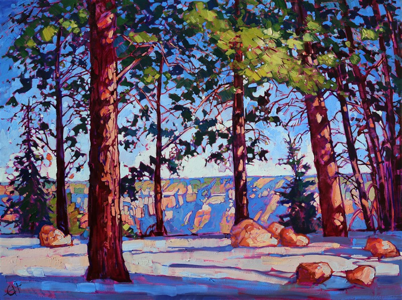 Having spent so many years painting the Arizona landscape, it is strange that it wasn't until last November that Erin finally made it to the Grand Canyon. This is a painting of the north rim, a light dusting of snow still on the ground, the air cool and crisp beneath the evergreens.