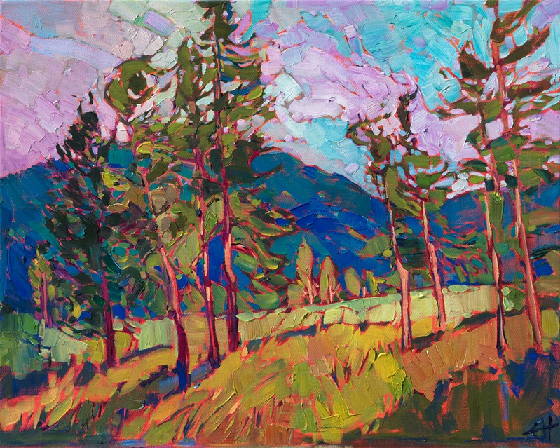 Inspired by the verdant landscape near Tillamook, Oregon, I discovered this beautiful Northwestern landscape on my way to enjoy some Tillamook ice cream at their headquarters. I wanted to capture the vibrant greens and fresh air that I love about Oregon.

This painting was done on 1-1/2" canvas, with a custom-made gold leaf floater frame to set off the warm colors in the painting.

