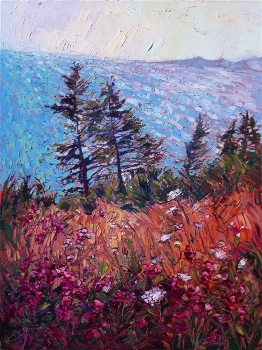 Pink snapdragons and Queen Anne's lace bloom exuberantly along this cliffside of southern Oregon.  The mosaic colors of the ocean pull the eye forward into the distance, capturing the drama of the landscape.  The brush strokes in this painting are thick and impressionistic, full of color and motion.

This painting was created on a gallery-depth canvas with the painting continued around the edges. This painting arrives in a gold floating frame, ready to hang.