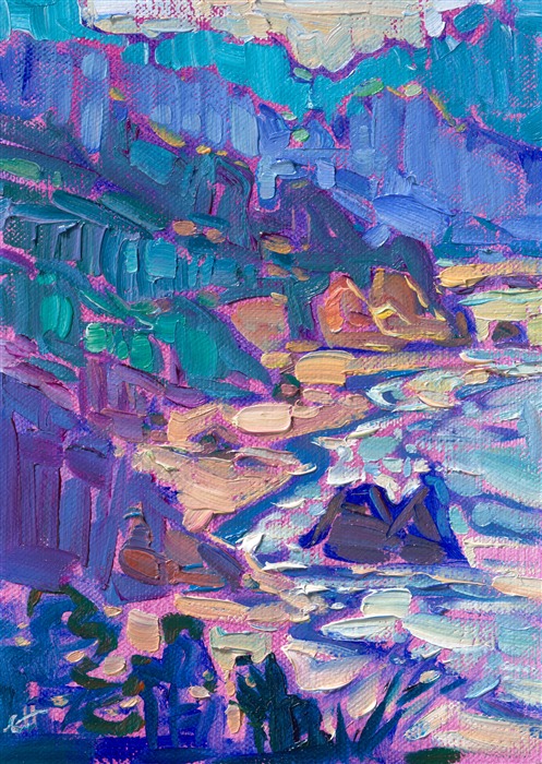 A petite work capturing the evergreen-covered cliffs of Oregon's Pacific Coast.
