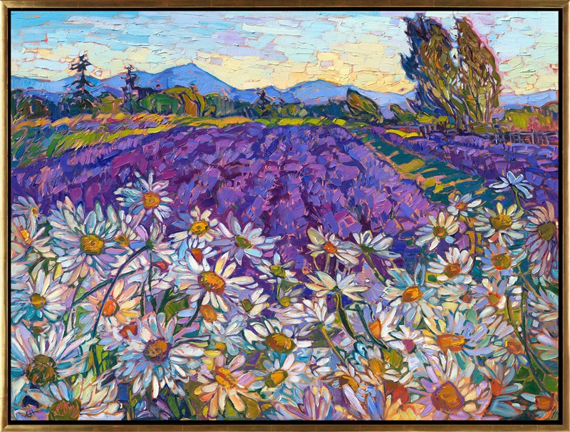 I love painting the lavender fields in Sequim on the Olympic Peninsula, in Washington state. The colors are so vibrant and alive--they stir my blood and make me reach for my brushes. This painting captures a field of white daisies in front of dark purple lavender rows, with the Olympic mountains starkly blue in the background. Erin Hanson creates landscapes in oil using her iconic Open Impressionism style. The impressionistic brush strokes of the original oil painting create a sense of movement and changing light within the piece.