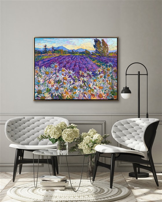 I love painting the lavender fields in Sequim on the Olympic Peninsula, in Washington state. The colors are so vibrant and alive--they stir my blood and make me reach for my brushes. This painting captures a field of white daisies in front of dark purple lavender rows, with the Olympic mountains starkly blue in the background. Erin Hanson creates landscapes in oil using her iconic Open Impressionism style. The impressionistic brush strokes of the original oil painting create a sense of movement and changing light within the piece.