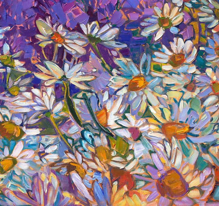I love painting the lavender fields in Sequim on the Olympic Peninsula, in Washington state. The colors are so vibrant and alive--they stir my blood and make me reach for my brushes. This painting captures a field of white daisies in front of dark purple lavender rows, with the Olympic mountains starkly blue in the background. Erin Hanson creates landscapes in oil using her iconic Open Impressionism style. The impressionistic brush strokes of the original oil painting create a sense of movement and changing light within the piece.