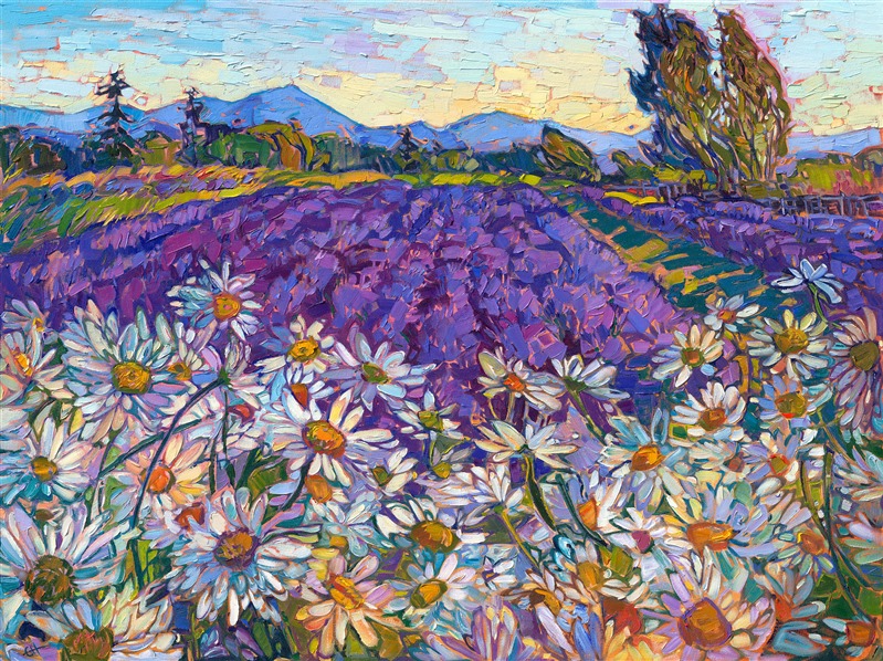 I love painting the lavender fields in Sequim on the Olympic Peninsula, in Washington state. The colors are so vibrant and alive--they stir my blood and make me reach for my brushes. This painting captures a field of white daisies in front of dark purple lavender rows, with the Olympic mountains starkly blue in the background. Erin Hanson creates landscapes in oil using her iconic Open Impressionism style. The impressionistic brush strokes of the original oil painting create a sense of movement and changing light within the piece.