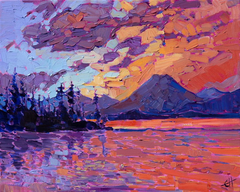 This petite oil painting captures the Oregon Cascades in abstracted shapes and vibrant brush strokes.  The sunset colors are beautifully saturated hues of pink and sherbet.  Each brush stroke captures the impression of a fleeting moment in time during the rapidly changing colors of the sky.</p><p>This oil painting was done on canvas-wrapped board. 