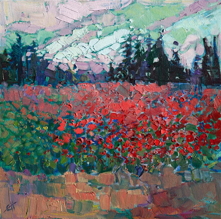 Fields of cultivated flowers in Oregon's wine country region catch the early morning light in this contemporary impressionist oil painting.  Each vivid brush stroke is placed with effect, pulling you into the painting.</p><p>This painting was created on canvas board. It has been framed in a classic plein air frame and arrives ready to hang.<br/>