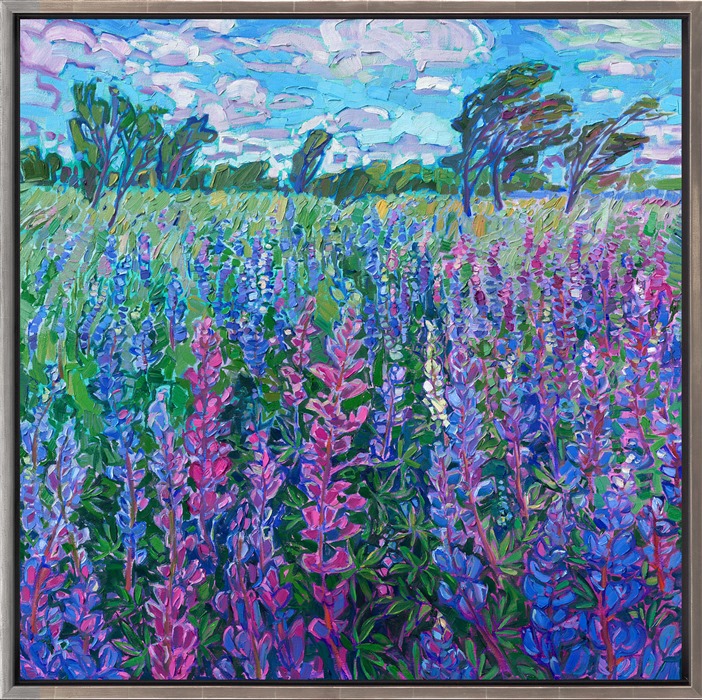 Vibrant blooms of lupin bloom abundantly in the Oregon countryside, covering the landscape with rich blue, purple, pink, and white hues. This painting captures these beautiful wildflowers during the few weeks of their late springtime blooms. </p><p>Erin Hanson creates her oil paintings with a limited palette of no more than five paint colors, and she pre-mixes every color she will use in the painting, before ever picking up a brush. This allows her to create paintings from a rich tapestry of color that never gets muddy.</p><p>"Northwest Lupin" is an original oil painting on stretched canvas. The piece arrives framed in a burnished, sterling silver floating frame, ready to hang.