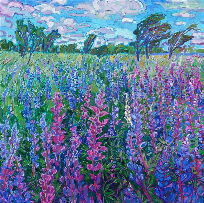 Vibrant blooms of lupin bloom abundantly in the Oregon countryside, covering the landscape with rich blue, purple, pink, and white hues. This painting captures these beautiful wildflowers during the few weeks of their late springtime blooms. </p><p>Erin Hanson creates her oil paintings with a limited palette of no more than five paint colors, and she pre-mixes every color she will use in the painting, before ever picking up a brush. This allows her to create paintings from a rich tapestry of color that never gets muddy.</p><p>"Northwest Lupin" is an original oil painting on stretched canvas. The piece arrives framed in a burnished, sterling silver floating frame, ready to hang.
