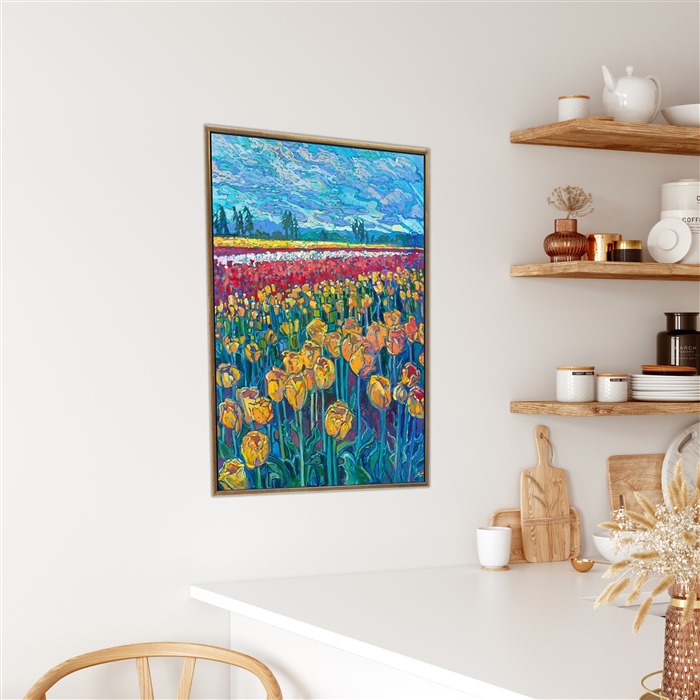 Rows of cultivated tulips explode with color in this painting of Oregon's famous tulip festival in Woodburn, Oregon. The colors of the northwest are most vibrant in spring and fall, and this spring was especially beautiful, with cherry blossoms hanging thickly from branches everywhere I look and wildflowers and bulbs blooming all around.</p><p>"Northwest Tulips" is an original oil painting by Erin Hanson. It is available for purchase through The Erin Hanson Gallery in McMinnville, Oregon.