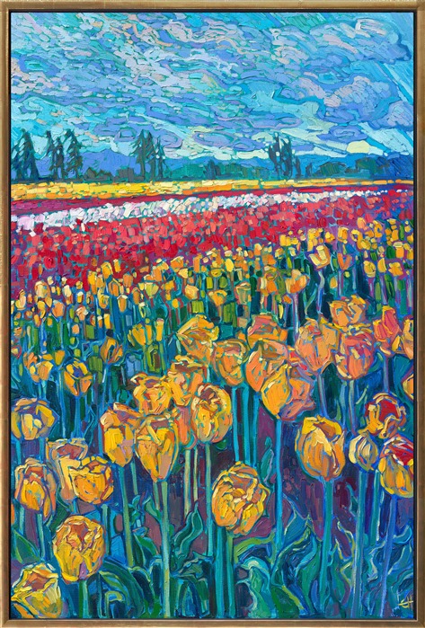 Rows of cultivated tulips explode with color in this painting of Oregon's famous tulip festival in Woodburn, Oregon. The colors of the northwest are most vibrant in spring and fall, and this spring was especially beautiful, with cherry blossoms hanging thickly from branches everywhere I look and wildflowers and bulbs blooming all around.</p><p>"Northwest Tulips" is an original oil painting by Erin Hanson. It is available for purchase through The Erin Hanson Gallery in McMinnville, Oregon.