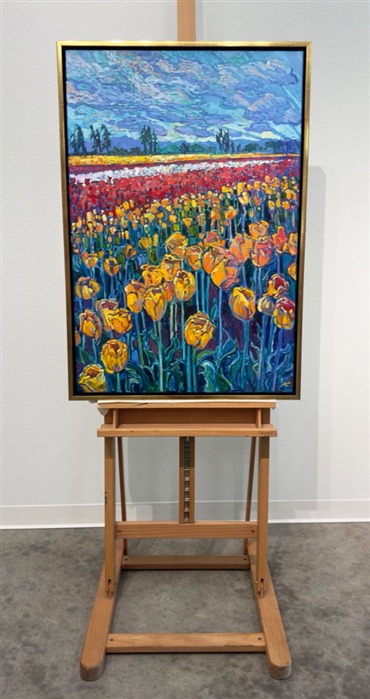 Rows of cultivated tulips explode with color in this painting of Oregon's famous tulip festival in Woodburn, Oregon. The colors of the northwest are most vibrant in spring and fall, and this spring was especially beautiful, with cherry blossoms hanging thickly from branches everywhere I look and wildflowers and bulbs blooming all around.</p><p>"Northwest Tulips" is an original oil painting by Erin Hanson. It is available for purchase through The Erin Hanson Gallery in McMinnville, Oregon.