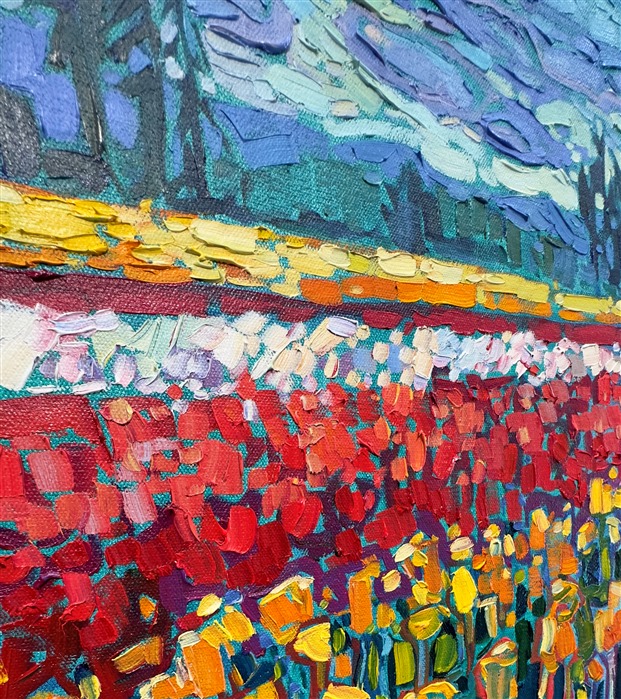 Rows of cultivated tulips explode with color in this painting of Oregon's famous tulip festival in Woodburn, Oregon. The colors of the northwest are most vibrant in spring and fall, and this spring was especially beautiful, with cherry blossoms hanging thickly from branches everywhere I look and wildflowers and bulbs blooming all around.</p><p>"Northwest Tulips" is an original oil painting by Erin Hanson. It is available for purchase through The Erin Hanson Gallery in McMinnville, Oregon.