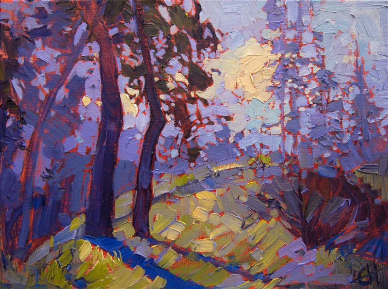 Northwest hues of lavender and green come together in this vivid expressionist oil painting.