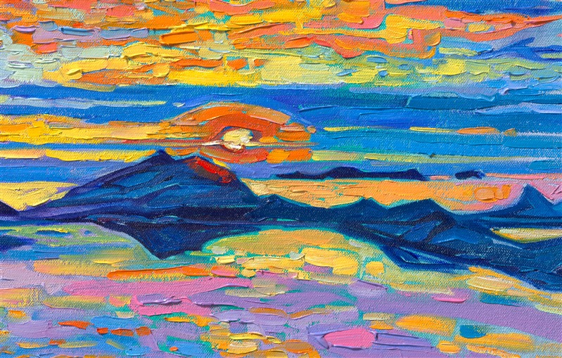 Colorful, impressionistic brush strokes capture the majesty of Norway in this Open Impressionism painting by Erin Hanson. Delicate hues of an October sunset are reflected in the still waters of Norway's unique coastline.