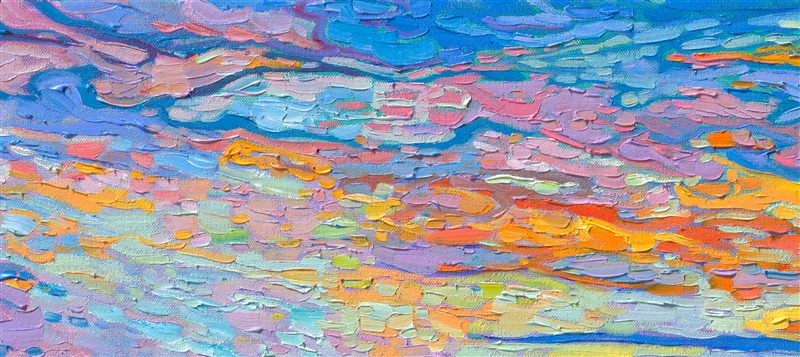 Colorful, impressionistic brush strokes capture the majesty of Norway in this Open Impressionism painting by Erin Hanson. Delicate hues of an October sunset are reflected in the still waters of Norway's unique coastline.