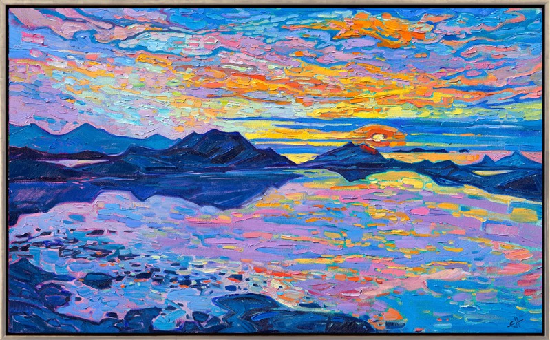 Colorful, impressionistic brush strokes capture the majesty of Norway in this Open Impressionism painting by Erin Hanson. Delicate hues of an October sunset are reflected in the still waters of Norway's unique coastline.