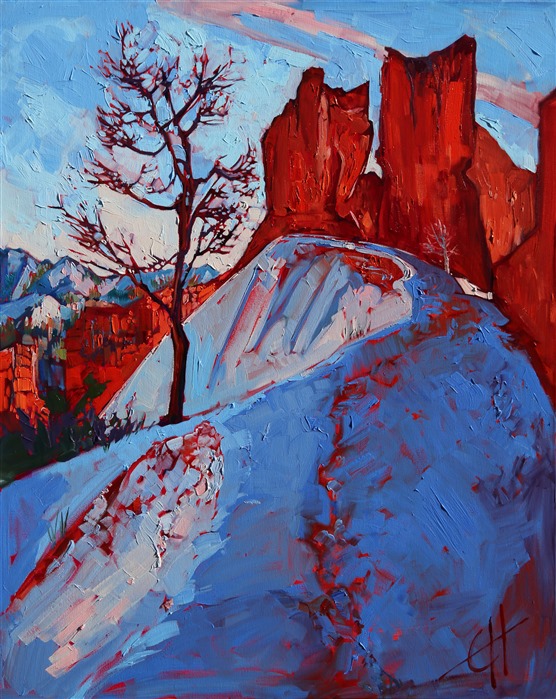 The artist took a special trip to Bryce Canyon in November, especially to see the red hoodoos against fresh snowfall. The 14-mile hike through the canyon has been inspiring a new series of paintings of reflected light and beautiful patterns of blue shadows in the snow.