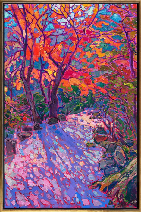Thanksgiving in Kyoto, Japan, is the perfect time to see the most beautiful Japanese maples at their peak color. This painting captures a small grove of maples backlit by the afternoon sun, casting long shadows across the garden path. The brush strokes are thick and impressionistic, alive with color and energy.</p><p>"November Light" is an original oil painting created on stretched canvas. The piece arrives framed in a 23kt burnished gold leaf floater frame.