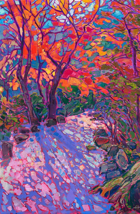 Thanksgiving in Kyoto, Japan, is the perfect time to see the most beautiful Japanese maples at their peak color. This painting captures a small grove of maples backlit by the afternoon sun, casting long shadows across the garden path. The brush strokes are thick and impressionistic, alive with color and energy.</p><p>"November Light" is an original oil painting created on stretched canvas. The piece arrives framed in a 23kt burnished gold leaf floater frame.