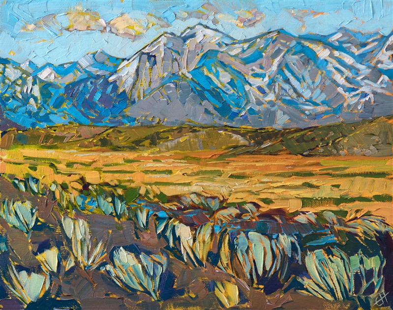The colors of November along the eastern Sierras, near Mono Lake, are starkly beautiful - wide open plains of burnt umber, the snow-capped peaks accented in brilliant blue shadows. This painting captures the wild beauty of the deserted landscape.</p><p>This painting was created on linen board, and it arrives ready to hang in a custom-made frame.
