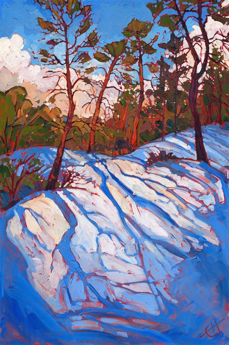 This painting was inspired during a hike from Kolob Canyon to the East Entrance of Zion National Park. When hiking the West Rim Trail, the snow was coming down thickly, covering the desert floor with a fluffy white blanket. The brush strokes in this painting are thick and expressive, creating a beautiful mosaic of color and texture.

This painting is being sold on consignment.