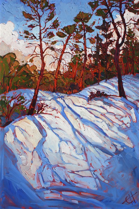 This painting was inspired during a hike from Kolob Canyon to the East Entrance of Zion National Park. When hiking the West Rim Trail, the snow was coming down thickly, covering the desert floor with a fluffy white blanket. The brush strokes in this painting are thick and expressive, creating a beautiful mosaic of color and texture.

This painting is being sold on consignment.