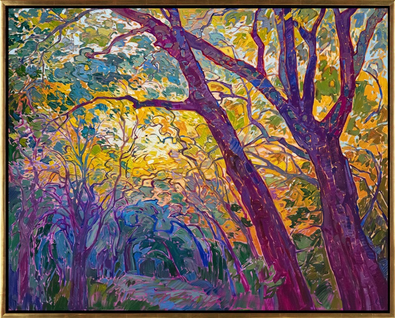 Delicate movements of color dance among the boughs of oak trees in this impressionistic painting. The abstract shapes of the branches and the back-lit leaves create a composition that keeps your eye roving throughout the painting.</p><p>"Oak Impressions" was created on 1-1/2" canvas. The piece arrives framed in a contemporary gold floater frame, ready to display.