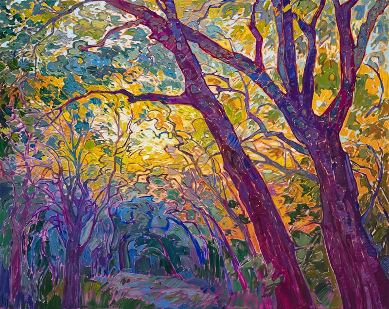 Delicate movements of color dance among the boughs of oak trees in this impressionistic painting. The abstract shapes of the branches and the back-lit leaves create a composition that keeps your eye roving throughout the painting.</p><p>"Oak Impressions" was created on 1-1/2" canvas. The piece arrives framed in a contemporary gold floater frame, ready to display.