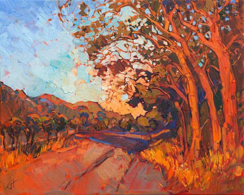 A warm red glow of late afternoon light bathes these California oaks in fleeting color before dusk falls.  This painting was inspired by driving through the wineries of Paso Robles, in central California.</p><p>This painting was created on 3/4" canvas and arrives framed in a classic gold frame, ready to hang.</p><p>