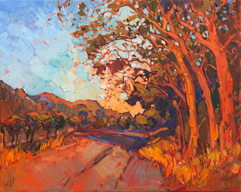 A warm red glow of late afternoon light bathes these California oaks in fleeting color before dusk falls.  This painting was inspired by driving through the wineries of Paso Robles, in central California.

This painting was created on 3/4" canvas and arrives framed in a classic gold frame, ready to hang.


