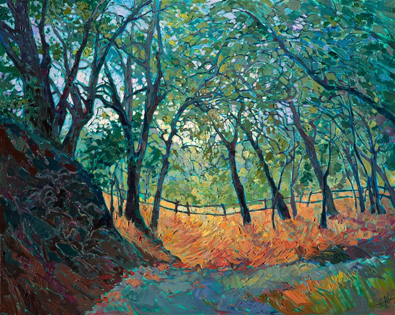 Overhanging oaks form an abstract umbrella of cool shade over the summer grasses.  The early morning light filters through the leaves, changing color like stained glass. Each brush stroke is applied in loose, confident strokes, bringing the outdoors to life on the canvas.

This painting was created on a gallery-depth canvas with the painting continued around the edges. The painting arrives in a beautiful hardwood floater frame, ready to hang.