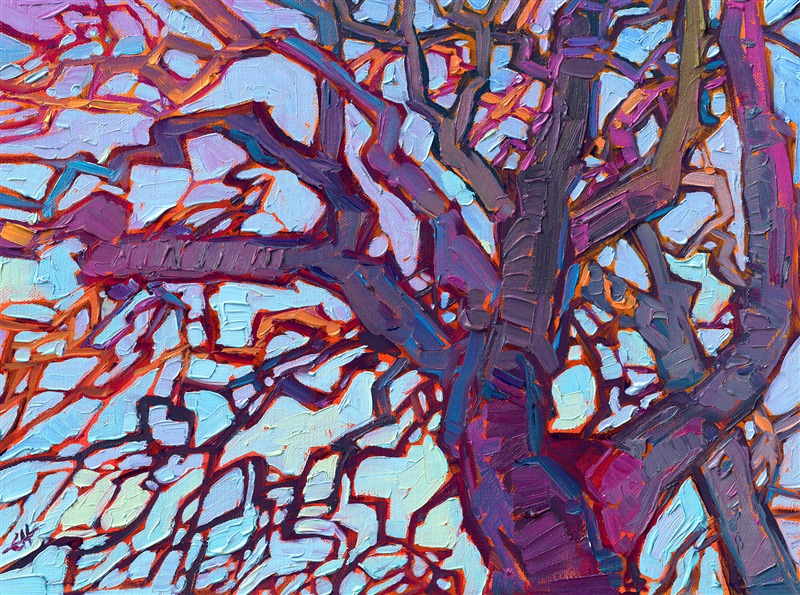 Baby blue sky peeks between the branches of a gnarled oak tree in Carmel, California. The crossing branches create abstract shapes like mosaic tiles.</p><p>"Oak and Sky" was created on 1/8" linen board. The painting arrives framed in a plein air frame.