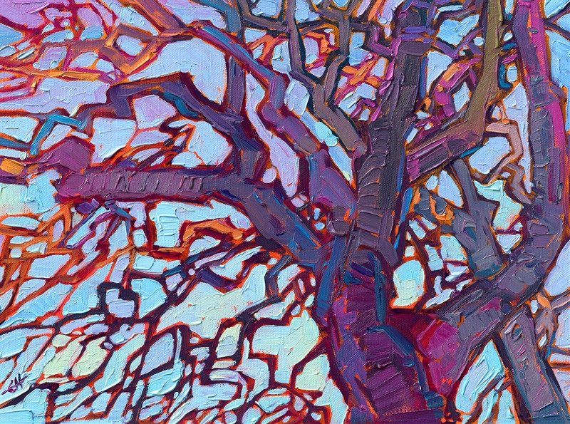 Baby blue sky peeks between the branches of a gnarled oak tree in Carmel, California. The crossing branches create abstract shapes like mosaic tiles.

"Oak and Sky" was created on 1/8" linen board. The painting arrives framed in a plein air frame.