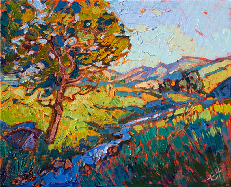 A petite jewel, this small oil painting captures the wide beauty of central California's wine country with a small delicate brush that still manages to communicate exuberance and life. This is a perfect painting to start or expand your collection of California impressionist paintings.

This painting was done on 3/4"-deep stretched canvas. It has been framed in a classic plein air frame and arrives wired and ready to hang.