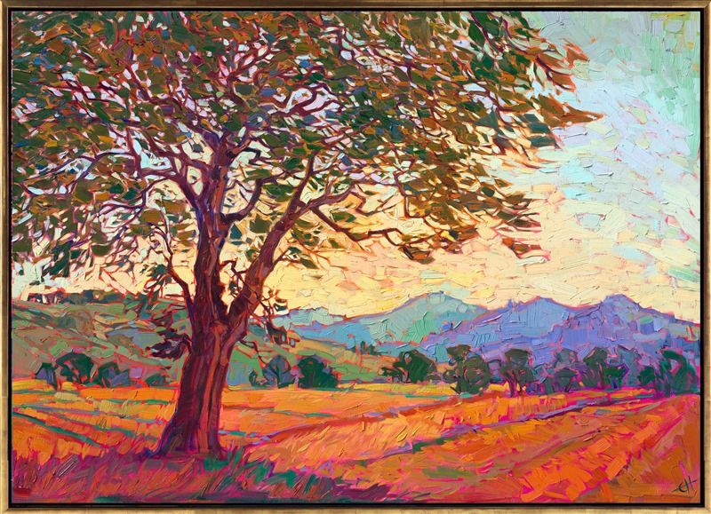 A stately oak spreads its wide branches out over the summer-gold fields. The distant hills roll away into the distance, turning hues of purple and green, illuminated by the warm, afternoon air. The thickly applied brush strokes are applied without layering, in the Open Impressionist style created by Erin Hanson. The painting has a stained glass effect that radiates light from within the oil painting.</p><p>"Oak in Summer" is an original oil painting on gallery-depth stretched canvas. The painting arrives framed in a contemporary gold floater frame finished in 23kt burnished gold leaf. 