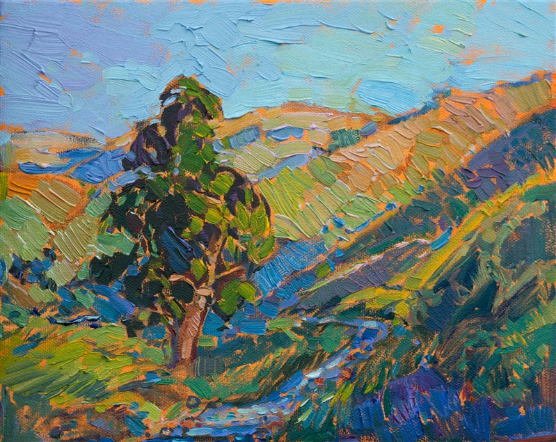 A spring-green oak tree nestles in the hills near a small brook, in this expressionistic oil painting. The petite scale of this work creates an intimate closeness with the landscape.</p><p>This painting was done on 3/4" stretched canvas.  It has been framed in a hand-carved gold frame.