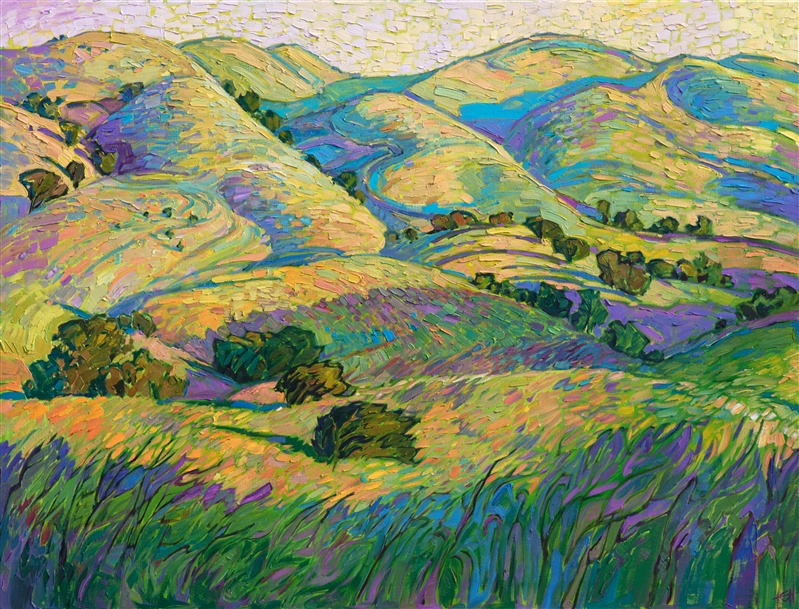 The idyllic rolling hills of central California's wine country are captured here in vibrant colors and thick, expressive brush strokes. The afternoon light seems to glow from the canvas, drawing you into the impressionistic vision created by the artist.</p><p>This painting was done on 1-1/2" canvas, with the edges of the canvas painted. The piece will be framed in a gold floater frame and it arrives ready to hang.